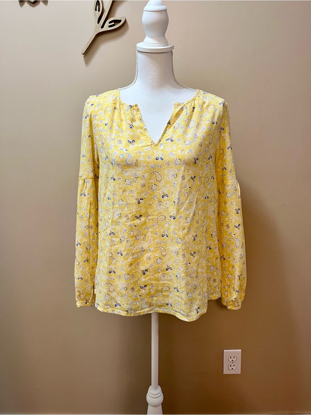 Gap Yellow Floral Boho Long Sleeve Blouse Size Small